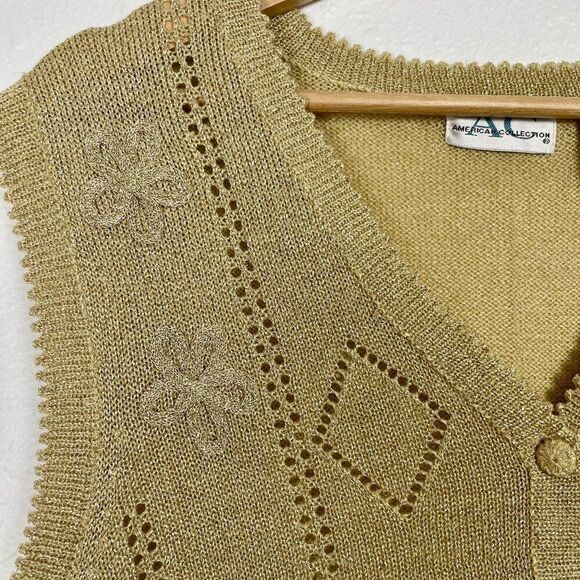 Vintage American Collection Sz. L Metallic Gold Knit Button Down Vest - Picture 5 of 8